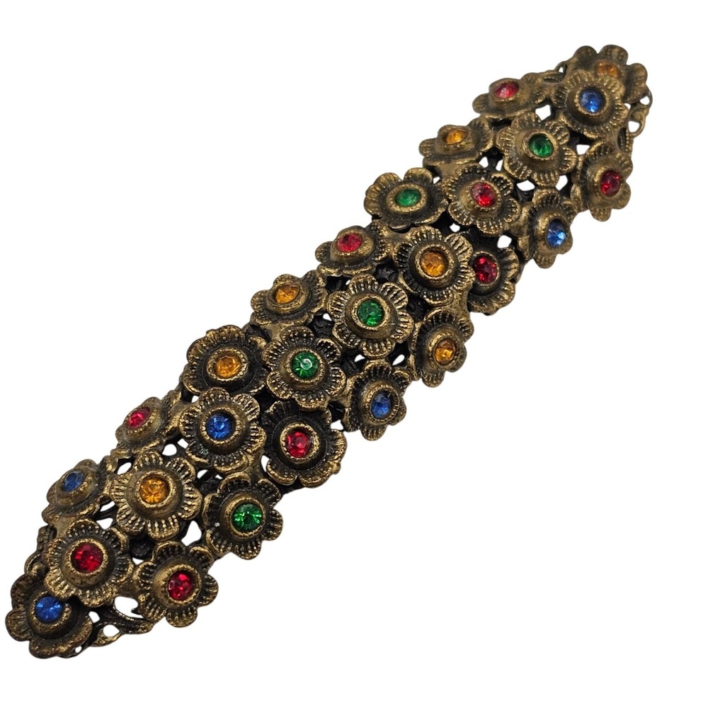 Vtg Czech Style Brass Floral Bar Brooch Multicolor Glass Rhinestones 3.5" Stmt - Picture 2 of 10